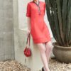 Váy đầm cổ tàu phối nẹp cổ thổ cẩm Hotpink 2