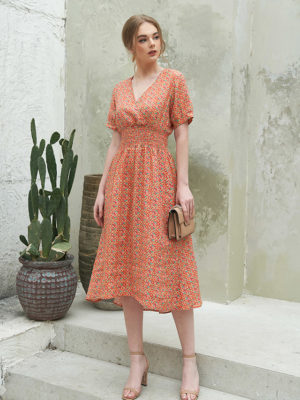 Váy đầm cổ tim chồng chun eo Orange 3