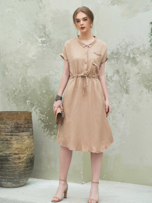 Váy đầm cổ đức túi ngực rút eo Beige 1
