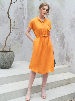 Váy đầm cổ đức túi ngực rút eo Orange 3