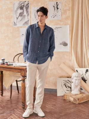 Áo sơ mi nam dài tay vạt bầu Navy Stripe 3