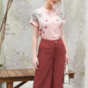 Áo cổ tàu tay liền lơ vê thêu hoa Pink 3