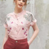 Áo cổ tàu tay liền lơ vê thêu hoa Pink 4