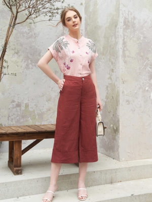 Áo cổ tàu tay liền lơ vê thêu hoa Pink 1