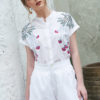 Áo cổ tàu tay liền lơ vê thêu hoa White 2