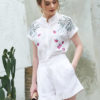 Áo cổ tàu tay liền lơ vê thêu hoa White 1