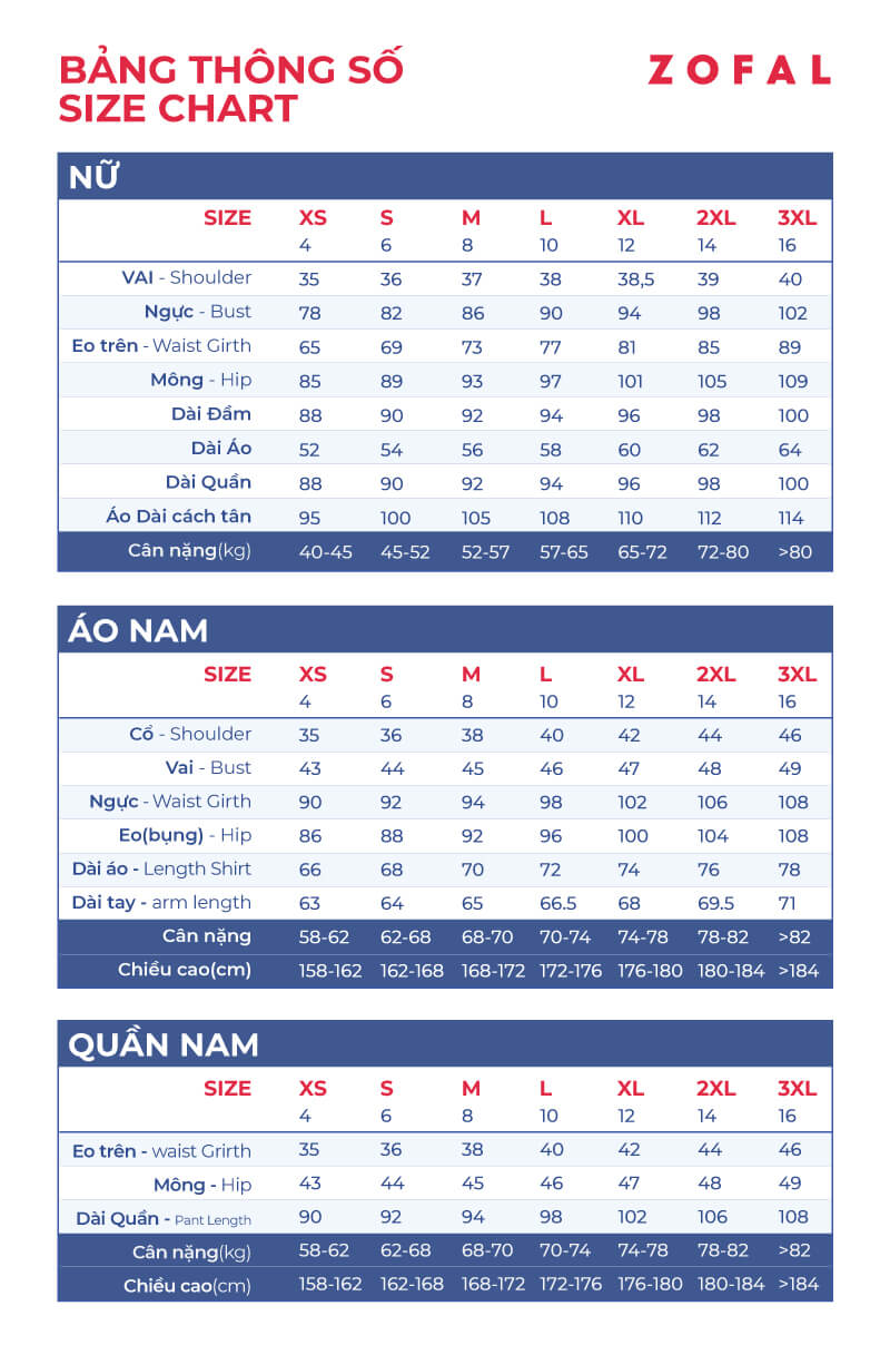Bảng size quần áo Zofal 2-2021