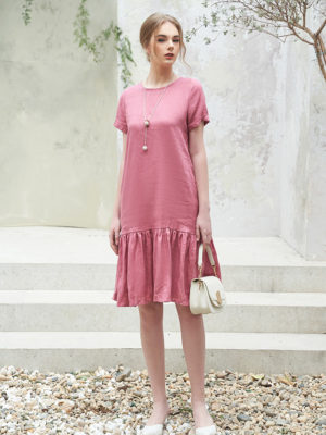Váy đầm cổ tròn dúm gấu Rose