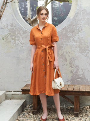 Váy đầm cổ sen tay lơ vê túi ốp Orange 3