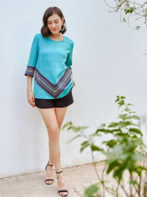 Áo nữ phối thổ cẩm V Turquoise 1