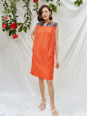 Váy đầm gile cổ V vai áo thổ cẩm Orange 1