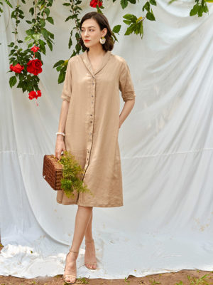 Váy đầm sơ mi diễu chỉ nẹp áo Beige 1