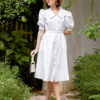 Váy đầm sơ mi tay bồng chun eo White 2
