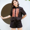 Áo sơ mi rút gấu phối thổ cẩm ngực Black 1