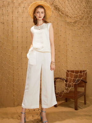 Bộ áo tay chờm buộc sườn và quần ống rộng White