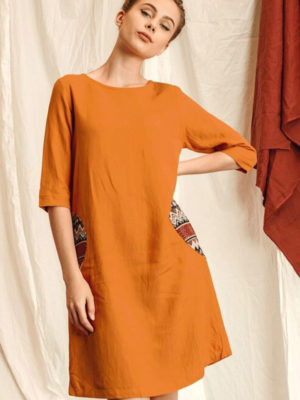 Váy đầm tay lỡ túi xoáy thổ cẩm Orange