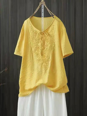 Áo sơ mi thêu thắt nơ Yellow