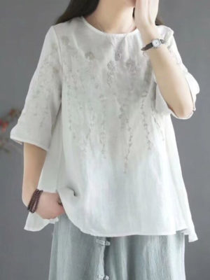 Áo sơ mi thêu hoa dây thân áo và tay áo White