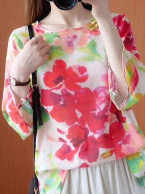 Áo hoa cổ tròn trang trí cúc tàu Floral