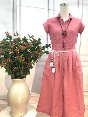 Váy đầm sơ mi cổ đức tròn xếp ly chân váy Rose