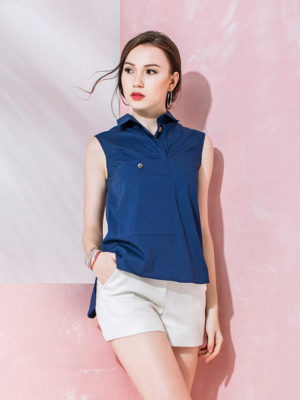 Áo sơ mi cổ đức gile túi ngực đính cúc Navy