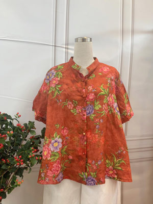 Áo sơ mi hoa cổ tàu cúc bọc Red Floral
