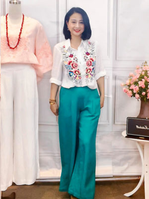 Áo sơ mi cổ đức thêu hoa thân áo White 2