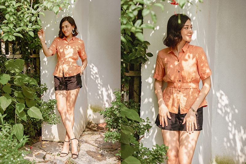 Áo sơ mi cổ đức kết hợp với quần short cho nàng set đồ năng động