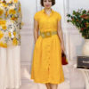 Váy đầm sơ mi cổ đức tròn xếp ly chân váy Yellow 1