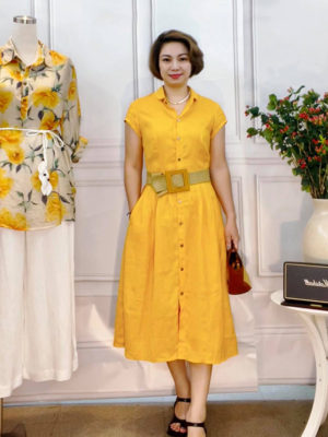 Váy đầm sơ mi cổ đức tròn xếp ly chân váy Yellow 1