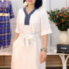 Váy đầm tay lỡ nẹp cổ thổ cẩm chữ Y White 1