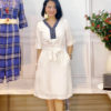 Váy đầm tay lỡ nẹp cổ thổ cẩm chữ Y White 2
