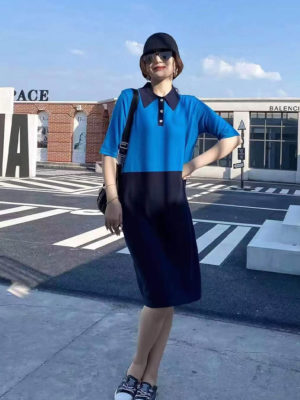 Váy đầm len cổ sơ mi phối 2 màu Blue/Navy