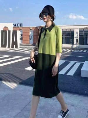 Váy đầm len cổ sơ mi phối 2 màu Lime/Green