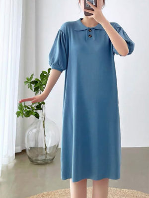 Váy đầm len cổ sơ mi tay bồng Blue