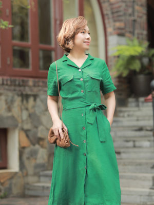 Váy đầm cổ 2 ve túi ngực Green 1