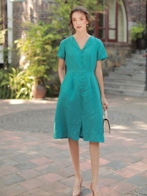 Váy đầm cổ bẻ hàng cúc bọc Turquoise 1