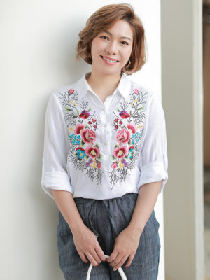 Áo sơ mi cổ đức thêu hoa thân áo White1