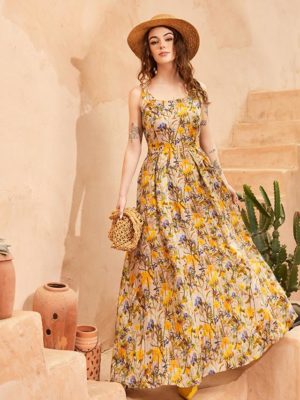 Váy đầm maxi 2 dây cổ vuông Yellow Floral