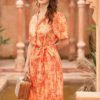Váy đầm hoa cổ 2 ve tay bồng Orange Floral 2