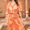 Váy đầm hoa cổ 2 ve tay bồng Orange Floral 1