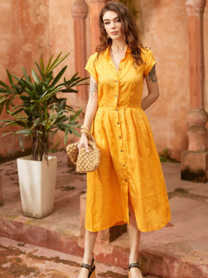 Váy đầm sơ mi cổ đức tròn xếp ly chân váy Yellow 4