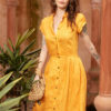 Váy đầm sơ mi cổ đức tròn xếp ly chân váy Yellow 3