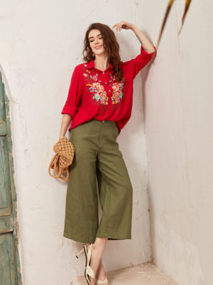 Áo sơ mi cổ đức thêu hoa thân áo Red 2