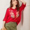 Áo sơ mi cổ đức thêu hoa thân áo Red