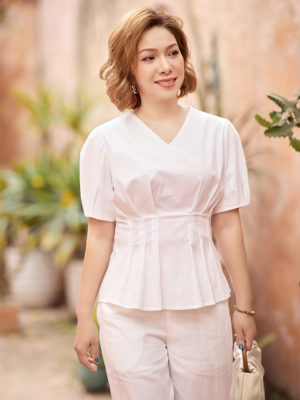 Áo sơ mi cổ tim chiết ly eo White 4