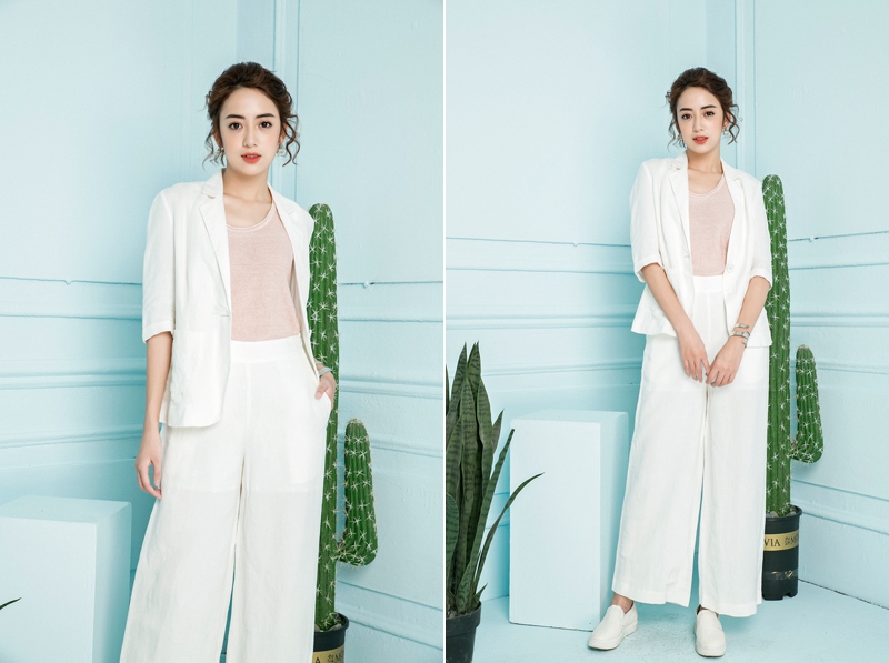 quần ống rộng với áo blazer