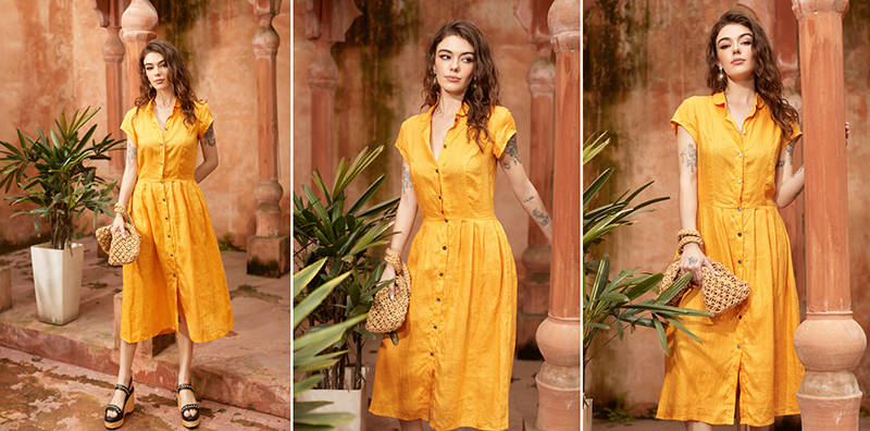 váy đầm sơ mi cổ đức tròn xếp ly chân váy yellow