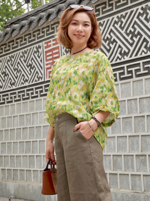 Áo cánh dơi tay phồng Green Floral 3