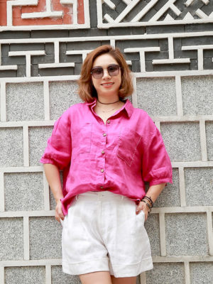 Áo cổ đức túi ngực khâu trang trí Fuschia